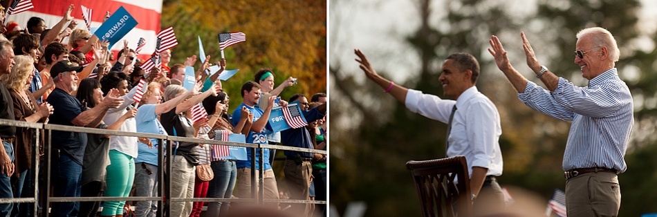 Supporters wave to President Barack Obama and Vice President at the end of a rally at Triangle Park, Oct. 23, 2012, in Dayton, Ohio. This was the first public event to feature both the president and the vice president anywhere in the country this year.