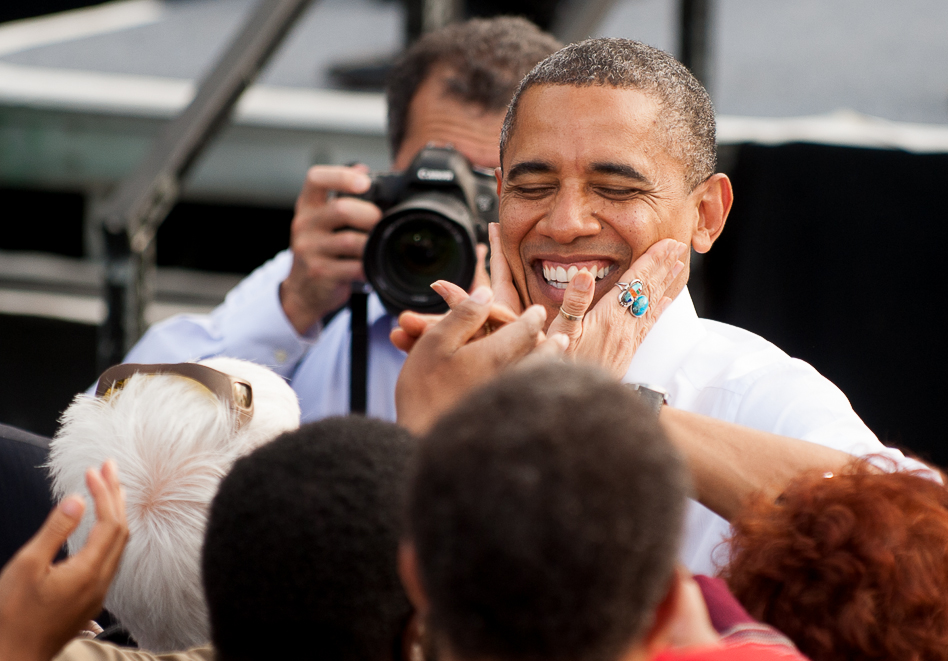 President Barack Obama greets supporters after speaking at a rally at Triangle Park, Oct. 23, 2012, in Dayton, Ohio. This was the first public event to feature both the president and the vice president anywhere in the country this year.