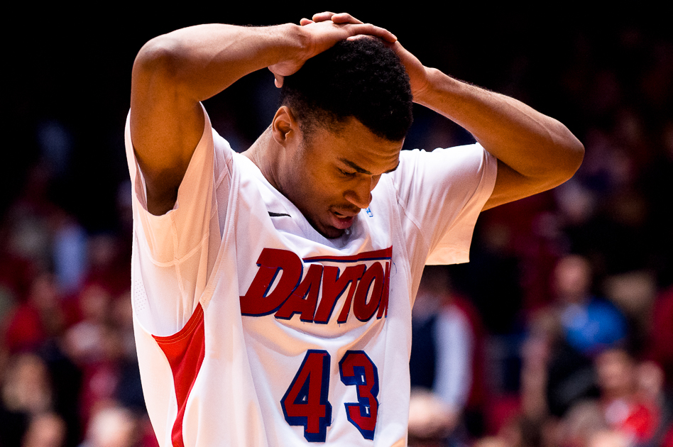 University of Dayton redshirt junior guard Vee Sanford (43) reacts to his team missing a last-second, game-winning shot during a game against Illinois State University at UD Arena, Dec. 19, 2012, in Dayton, Ohio. Illinois State won 74-73.
