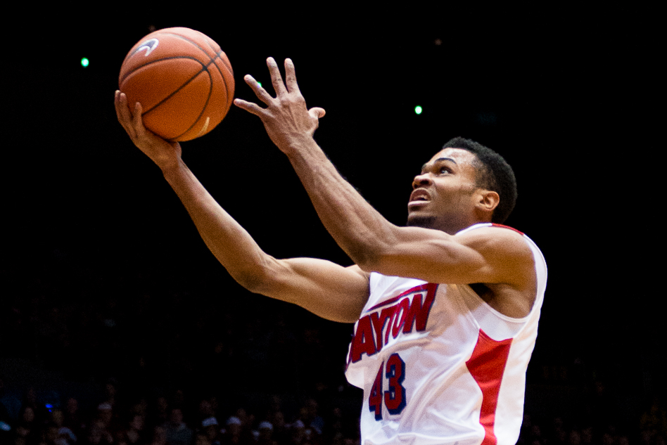 University of Dayton redshirt junior guard Vee Sanford (43) lays a ball in during a game against Murray State University at UD Arena, Dec. 22, 2012, in Dayton, Ohio. UD won 77-68.