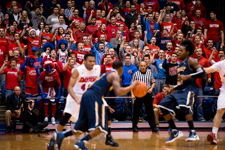 The University of Dayton student section cheers late in the second half during a game against Murray State University at UD Arena, Dec. 22, 2012, in Dayton, Ohio. UD won 77-68.