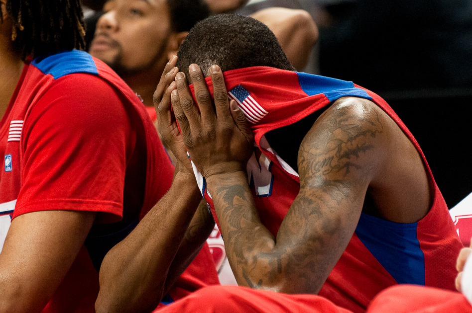 University of Dayton redshirt senior guard Kevin Dillard (1) hides his face as the final seconds expire during a game against Butler University at Barclays Center, March 14, 2013, in Brooklyn, New York. Butler won, 73-67, and advances in the Atlantic 10 tournament.