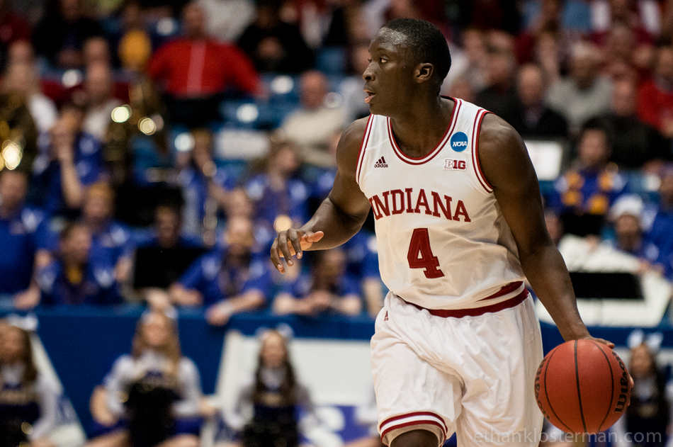 indiana's Victor Oladipo dribbles during an NCAA tournament second round game between Indiana and James Madison University at UD Arena, March 22, 2013, in Dayton, Ohio. Indiana won, 83-62.