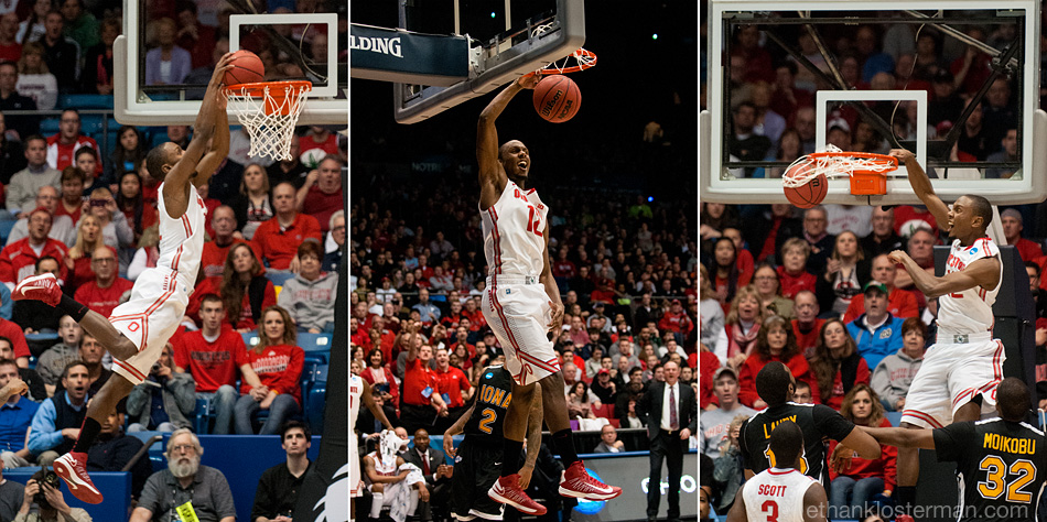In this triptych, OSU's Sam Thompson dunks during an NCAA tournament second round game between Ohio State and Iona at UD Arena, March 22, 2013, in Dayton, Ohio. Ohio State won, 95-70.